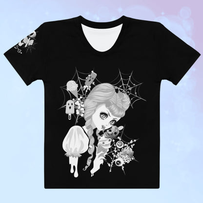 Monochrome edition of the ‘Demon Kawaii Ice Cream Pastel Goth’ t-shirt, exuding a stylish grayscale charm. The intricate design retains its pastel goth, kawaii, yami kawaii, and shoujo manga influences, presenting a captivating demon savoring an ice cream against a sophisticated black and white backdrop.