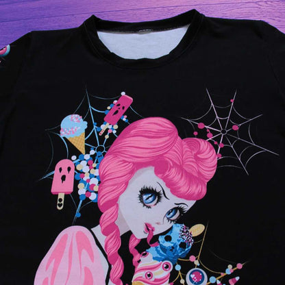 Zooming in on the intricate details, this closeup of the ‘Demon Kawaii Ice Cream Pastel Goth’ t-shirt reveals the artistry within. Pastel goth, kawaii, yami kawaii, and shoujo manga elements converge in a mesmerizing display, showcasing a demon enjoying an ice cream against a dreamy pastel background. The fine details come to life, creating a visually captivating and whimsical masterpiece.