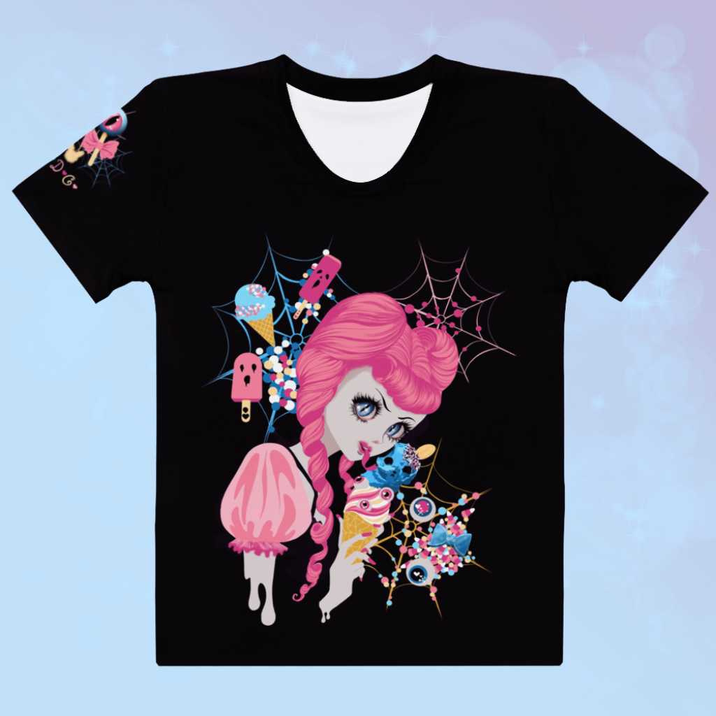 A whimsical t-shirt titled 'Demon Kawaii Ice Cream Pastel Goth' featuring a charming blend of pastel goth aesthetics, kawaii elements, yami kawaii vibes, and a nod to shoujo manga, showcasing a delightful illustration of a demon enjoying an ice cream treat amidst a dreamy pastel background.