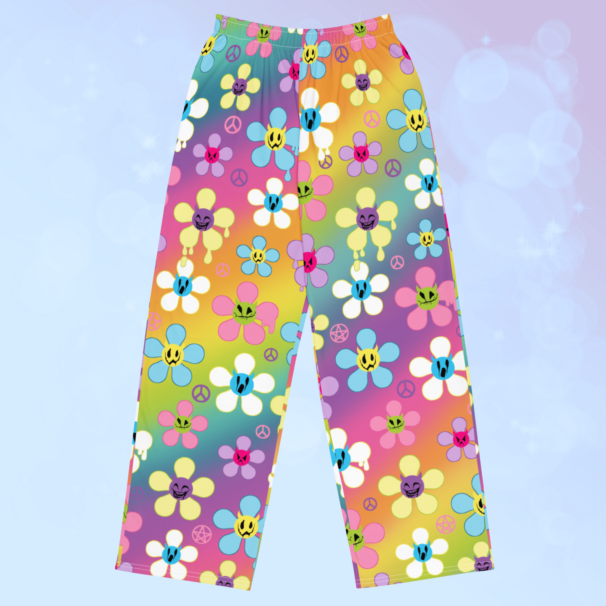 Kawaii pants, Retro Y2K pants, pastel goth fashion, rainbow creepy cute pants.