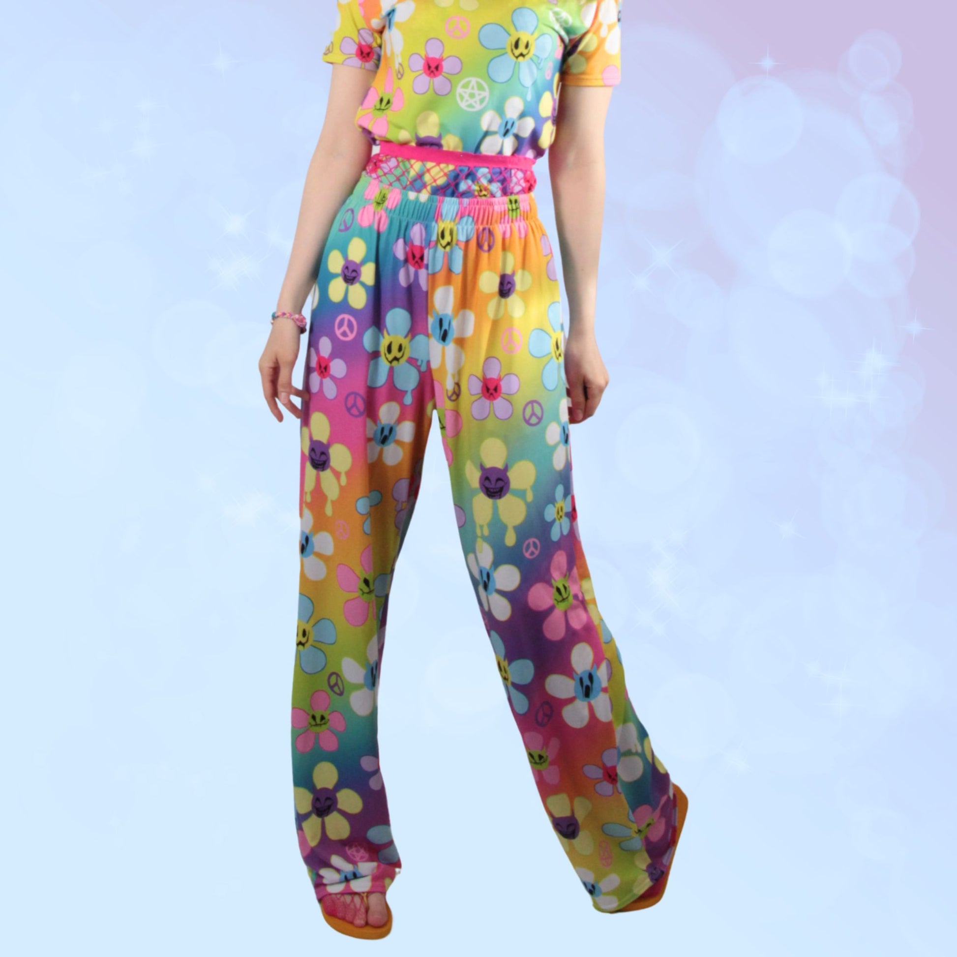 Kawaii pants, Retro Y2K pants, pastel goth fashion, rainbow creepy cute pants.