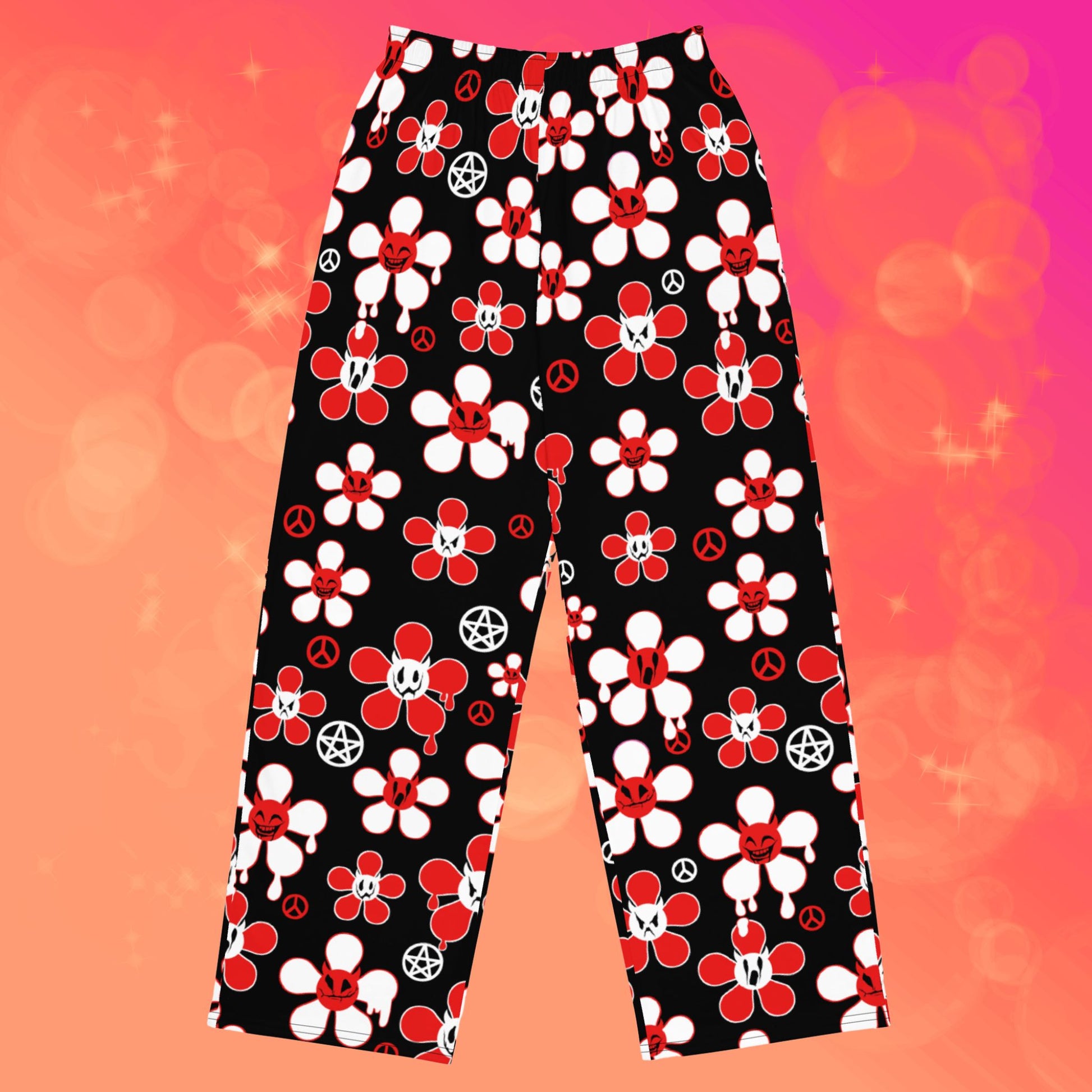 Kawaii pants, Retro Y2K pants, pastel goth fashion, black and red creepy cute pants.