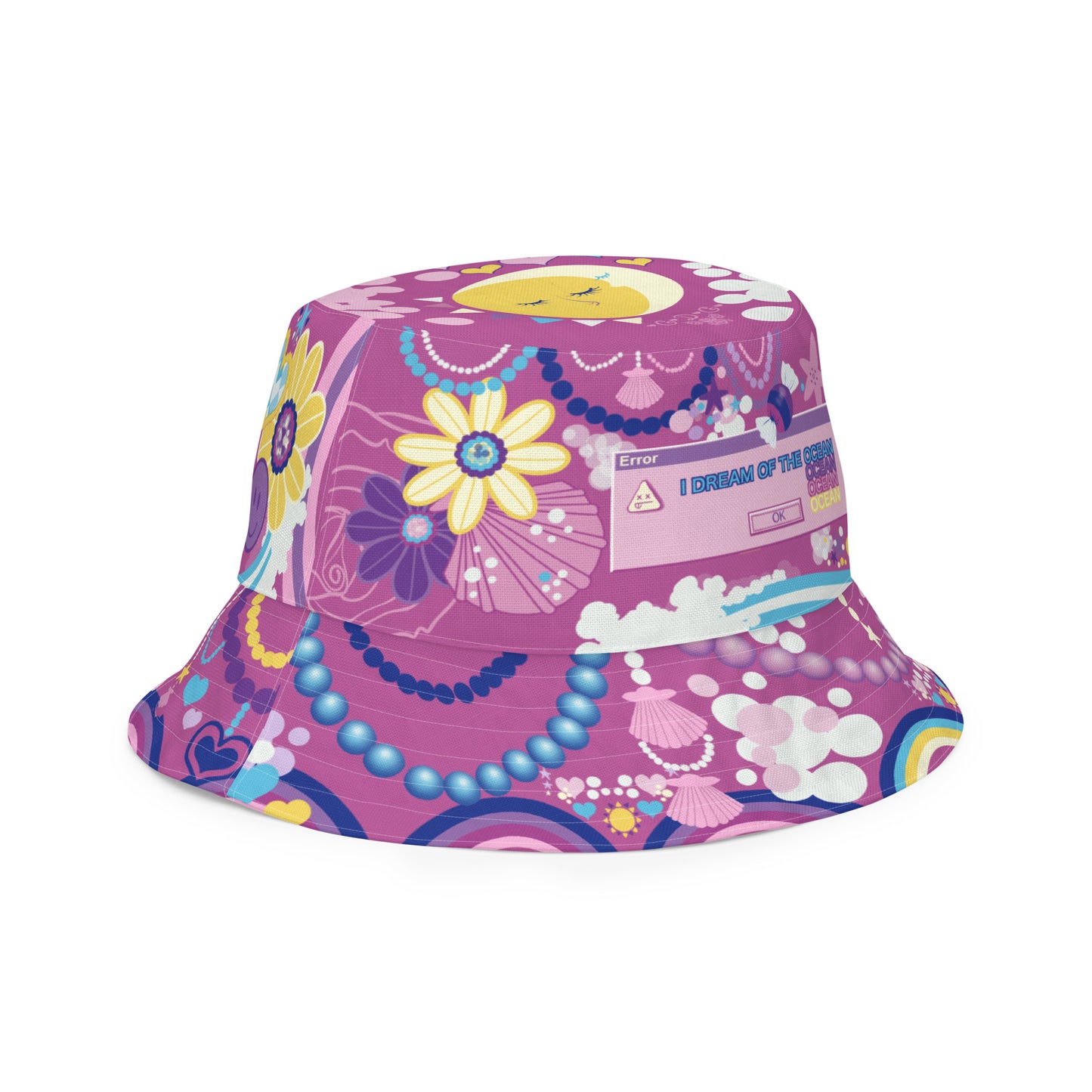 Bright pink rainbow kawaii bucket hat pastel y2k fashion moon and sun cute bucket hat reversible hat.