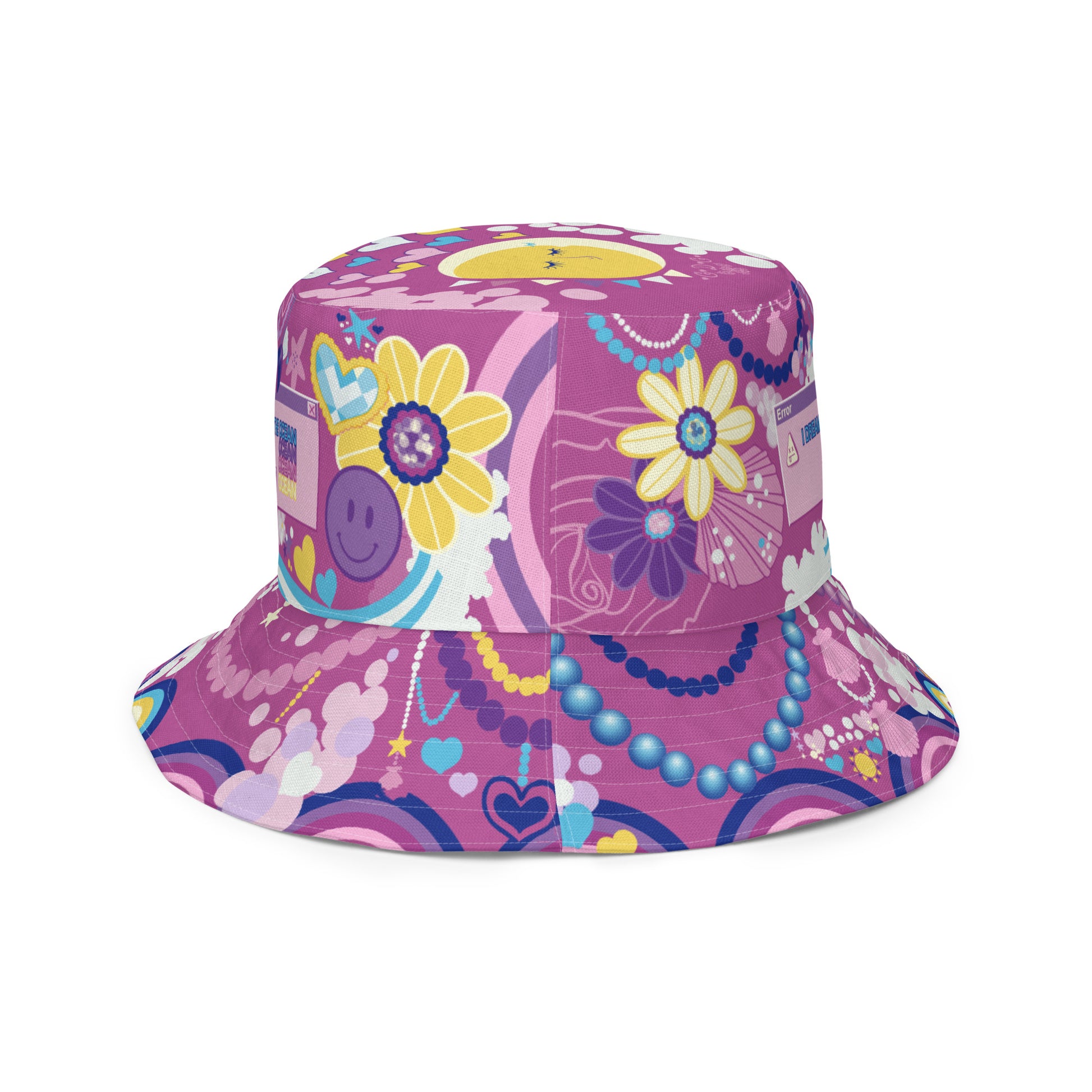 Bright pink rainbow kawaii bucket hat pastel y2k fashion moon and sun cute bucket hat reversible hat.