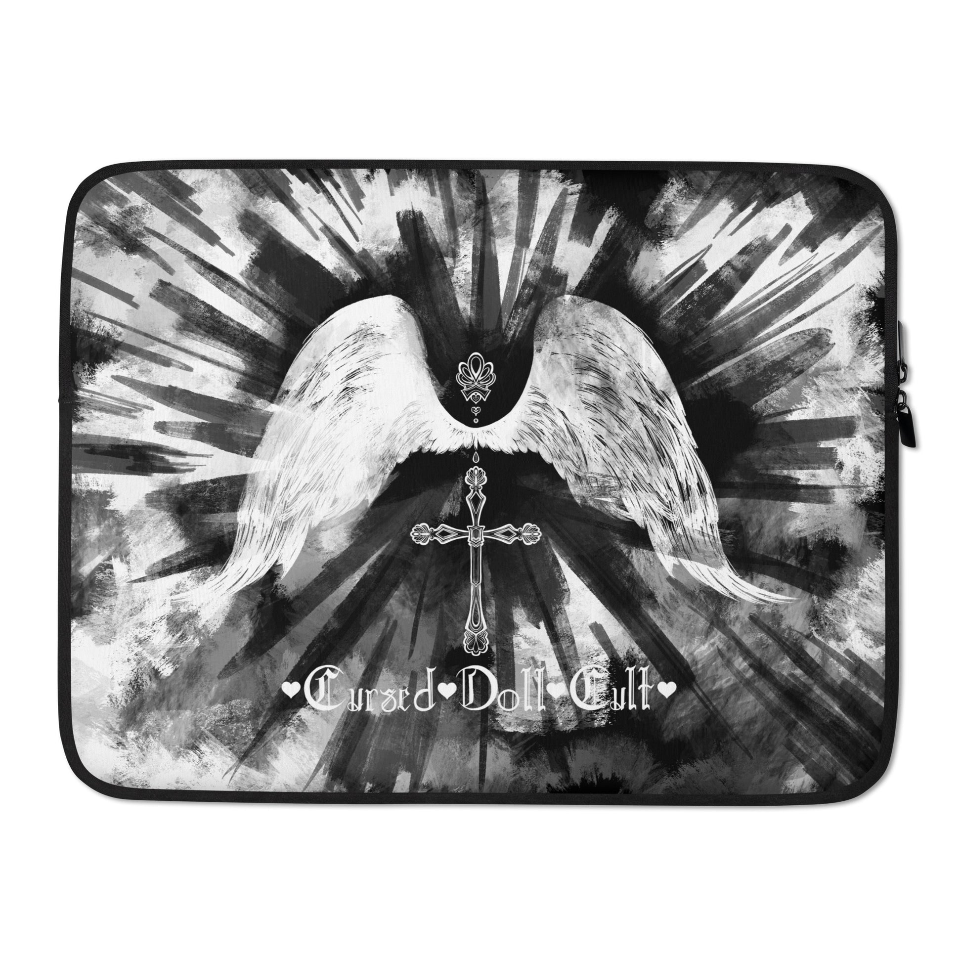 Monochrome Gothic style laptop bag with angel wings and gothic cross design